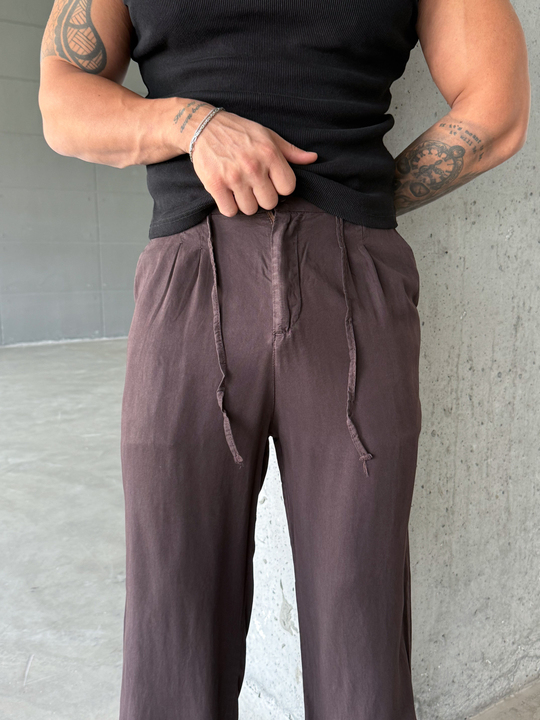 Kahve Tensel Düğmeli Bağcıklı Bol Pantalon SNZ 1483
