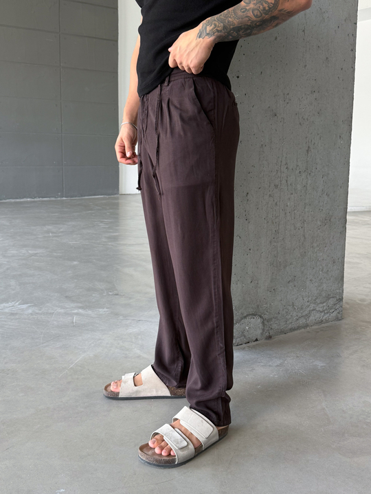 Kahve Tensel Düğmeli Bağcıklı Bol Pantalon SNZ 1483