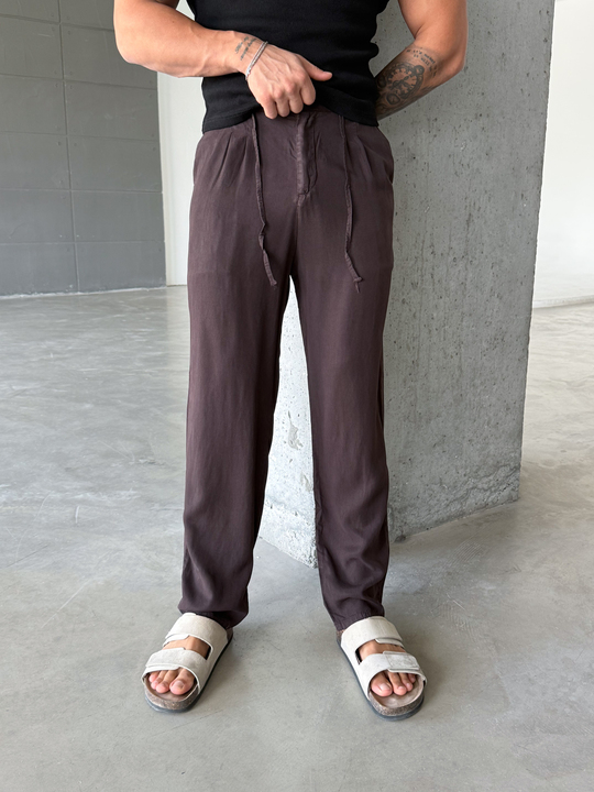 Kahve Tensel Düğmeli Bağcıklı Bol Pantalon SNZ 1483