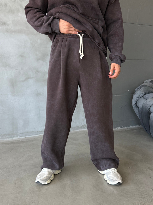 Kahve Yıkamalı 3 İplik Bol Eşofman PLZ 27506