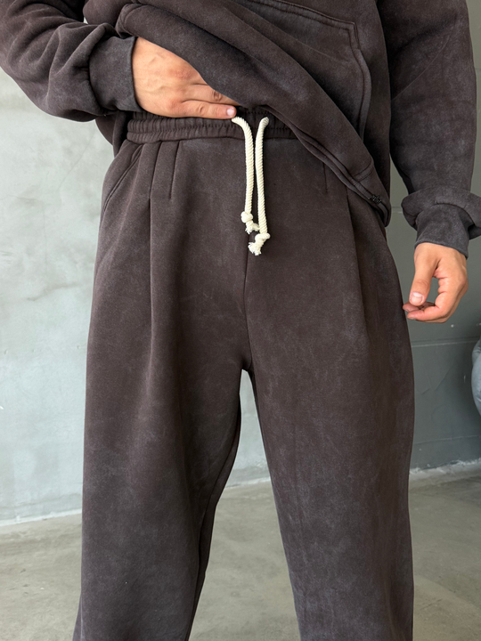 Kahve Yıkamalı 3 İplik Bol Eşofman PLZ 27506