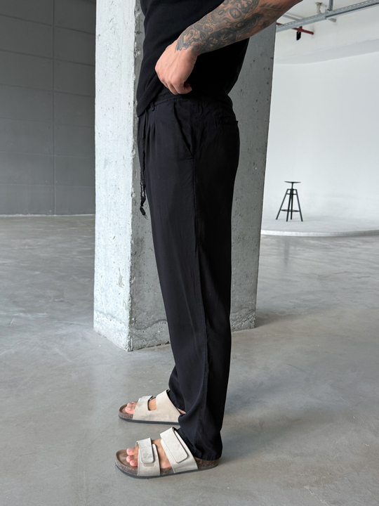 Siyah Tensel Düğmeli Bağcıklı Bol Pantalon SNZ 1483