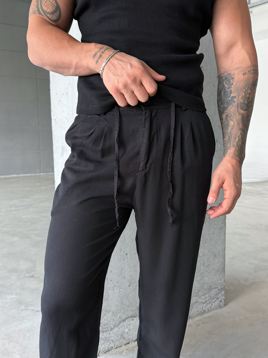 Siyah Tensel Düğmeli Bağcıklı Bol Pantalon SNZ 1483