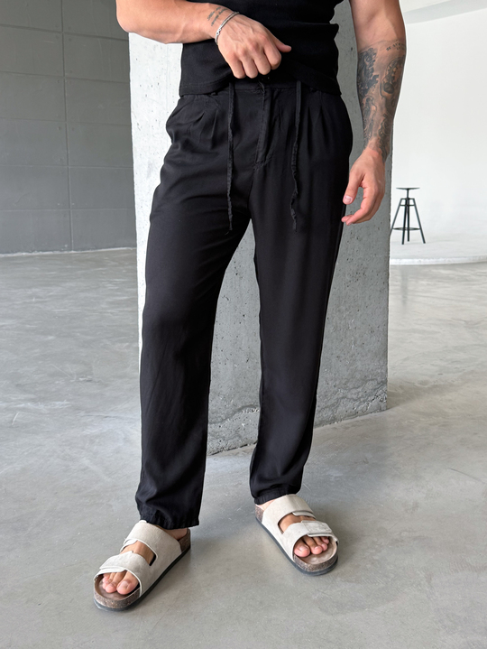 Siyah Tensel Düğmeli Bağcıklı Bol Pantalon SNZ 1483