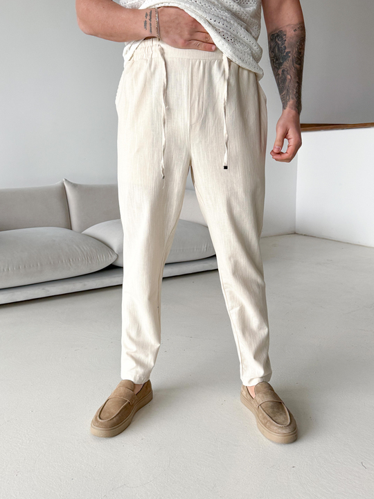Bej Çizgi Keten Bağcıklı Pantalon LNS 23124