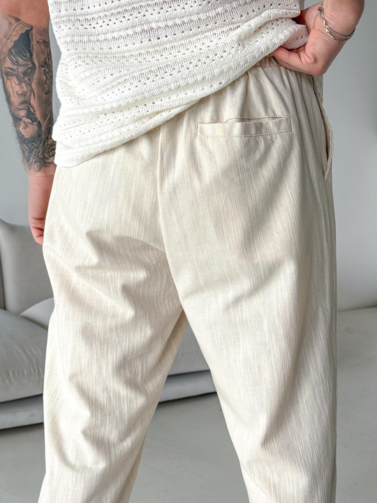Bej Çizgi Keten Bağcıklı Pantalon LNS 23124