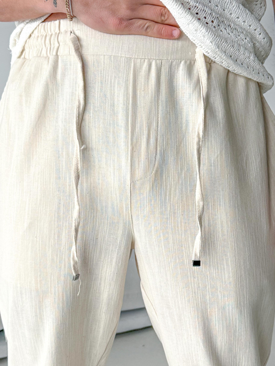 Bej Çizgi Keten Bağcıklı Pantalon LNS 23124