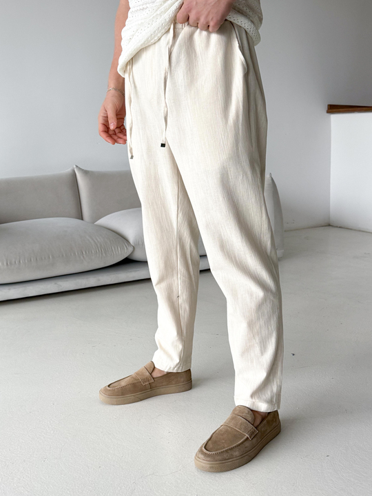 Bej Çizgi Keten Bağcıklı Pantalon LNS 23124