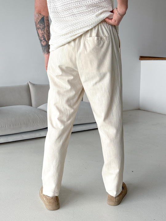 Bej Çizgi Keten Bağcıklı Pantalon LNS 23124