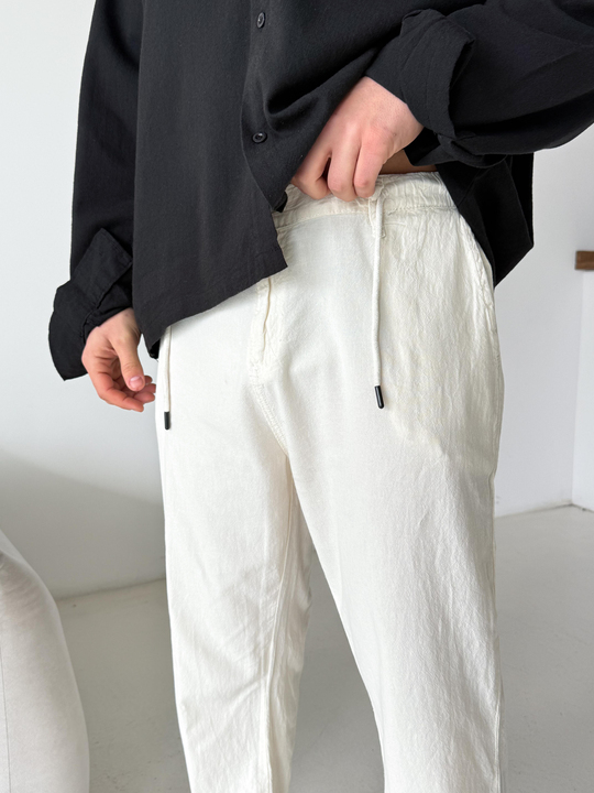 Bej Düğmeli Ham Keten Pantalon TK
