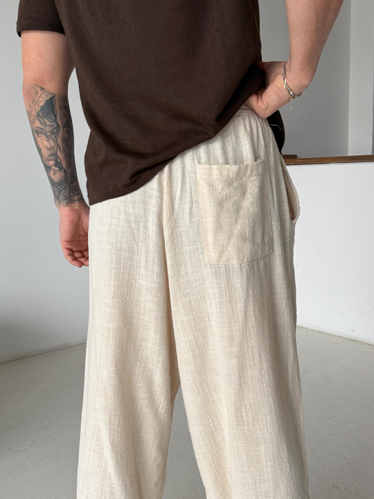 Bej Keten Baggy Yarı Lastikli Pantalon PNC 4060