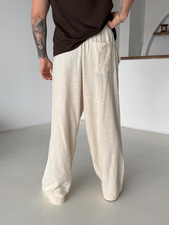 Bej Keten Baggy Yarı Lastikli Pantalon PNC 4060