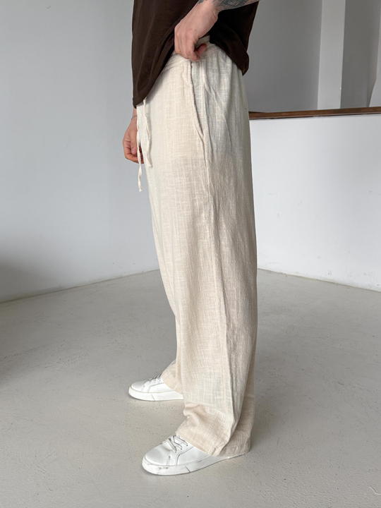 Bej Keten Baggy Yarı Lastikli Pantalon PNC 4060