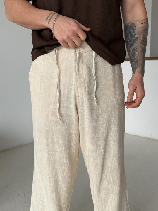 Bej Keten Baggy Yarı Lastikli Pantalon PNC 4060