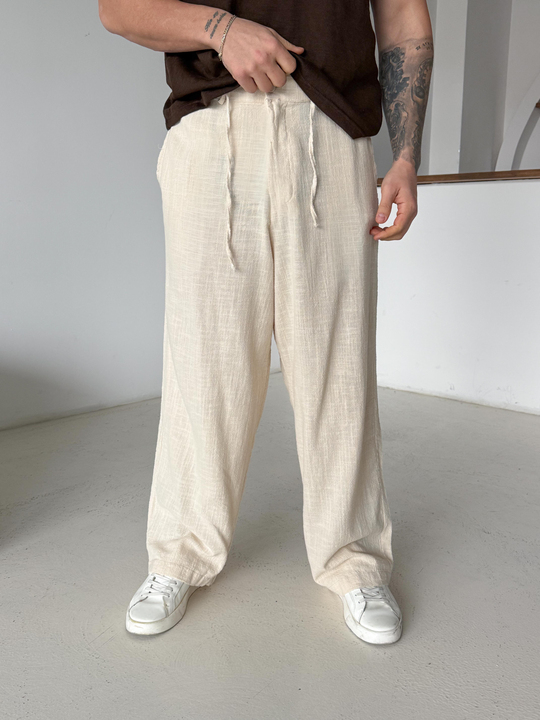 Bej Keten Baggy Yarı Lastikli Pantalon PNC 4060