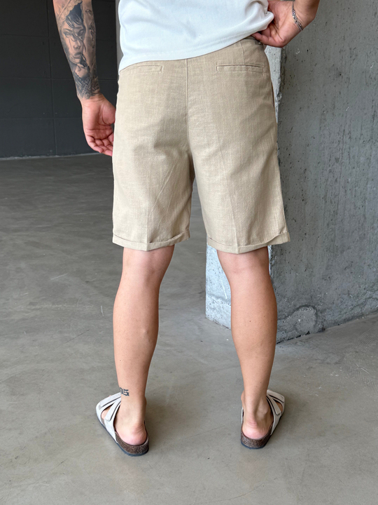 Bej Keten Kemerli Regular Fit Şort SNZ 3977