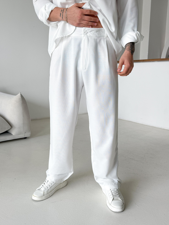 Beyaz Dokuma Keten Baggy Pantalon PLZ