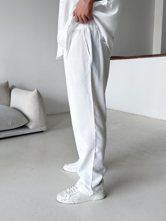 Beyaz Dokuma Keten Baggy Pantalon PLZ