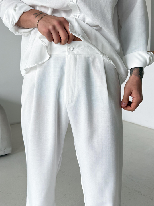 Beyaz Dokuma Keten Baggy Pantalon PLZ