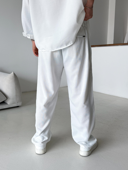 Beyaz Dokuma Keten Baggy Pantalon PLZ