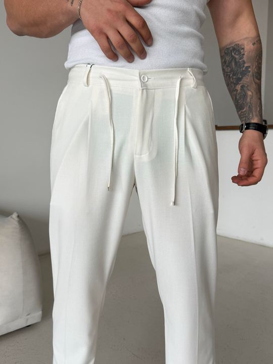 Ekru Pileli Lastikli Bağcıklı Regular Kumaş Pantalon SC