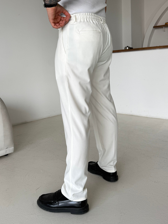 Ekru Pileli Lastikli Bağcıklı Regular Kumaş Pantalon SC