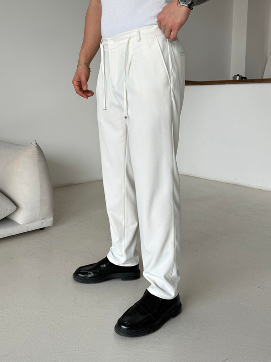 Ekru Pileli Lastikli Bağcıklı Regular Kumaş Pantalon SC