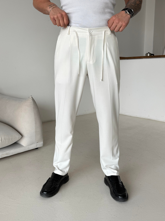 Ekru Pileli Lastikli Bağcıklı Regular Kumaş Pantalon SC