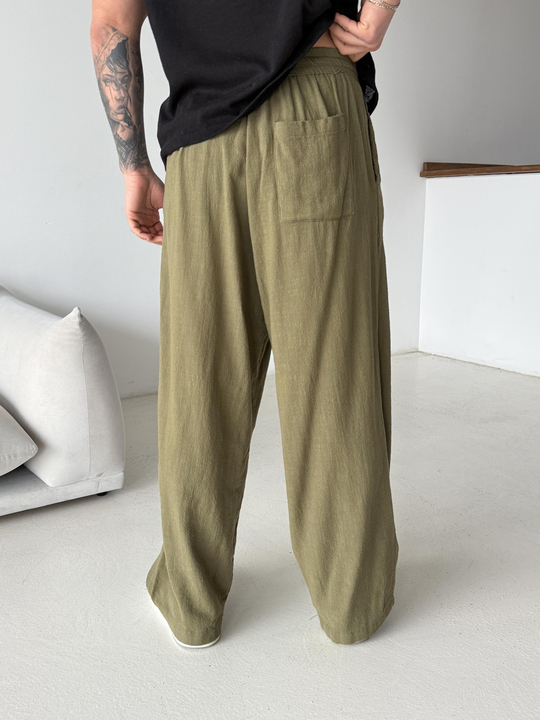 Haki Keten Baggy Yarı Lastikli Pantalon PNC 4060
