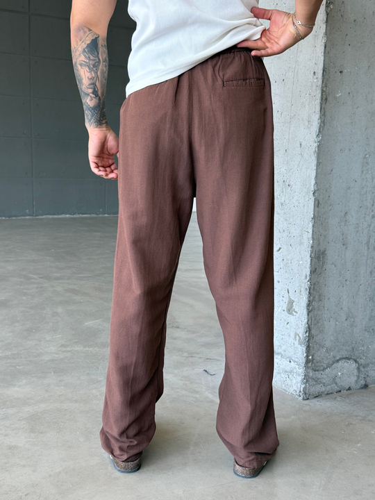 Kahve Bağcıklı Bol Keten Pantalon SNZ 1028