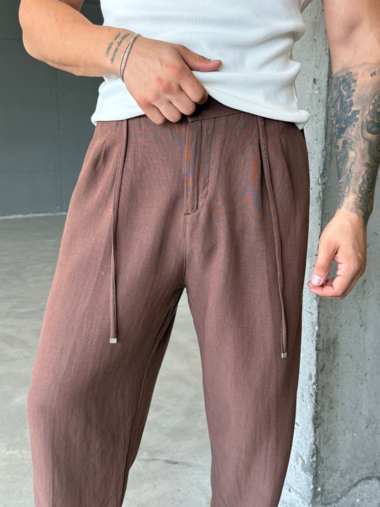 Kahve Bağcıklı Bol Keten Pantalon SNZ 1028