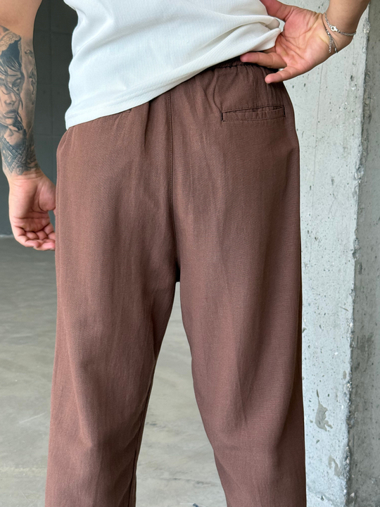 Kahve Bağcıklı Bol Keten Pantalon SNZ 1028