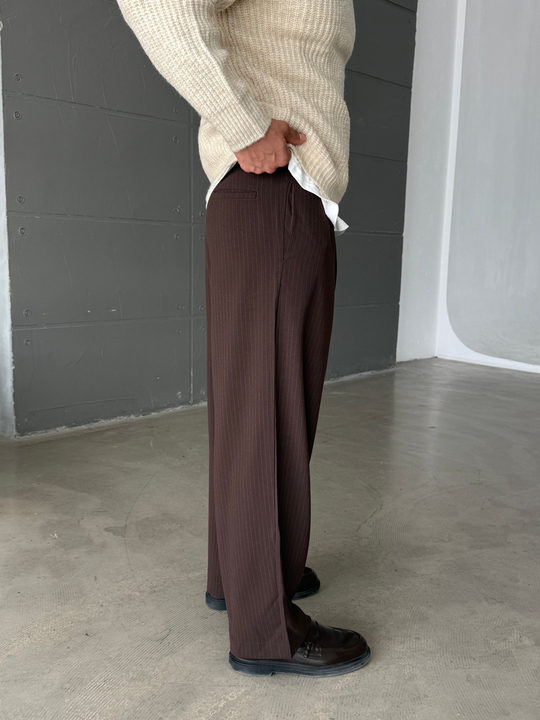 Kahve İnce Detay Çizgili Baggy Kumaş Pantalon SNZ 1471