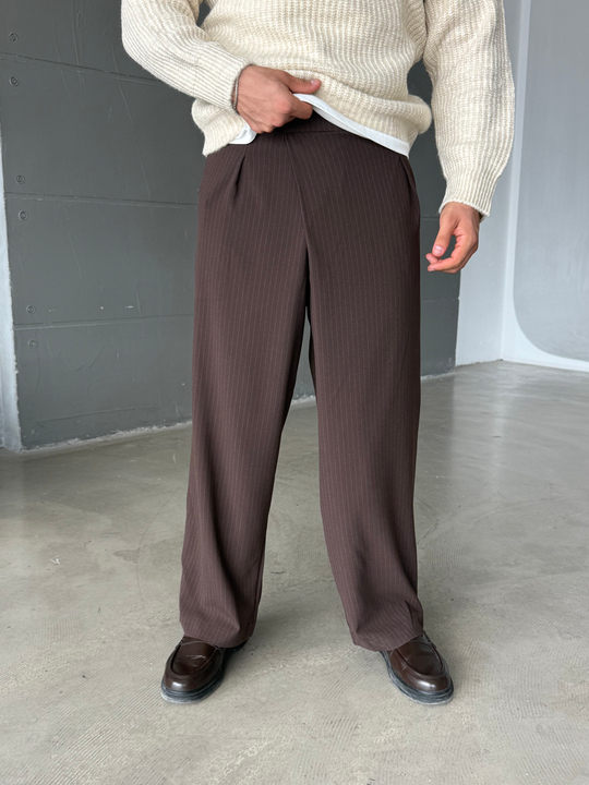 Kahve İnce Detay Çizgili Baggy Kumaş Pantalon SNZ 1471