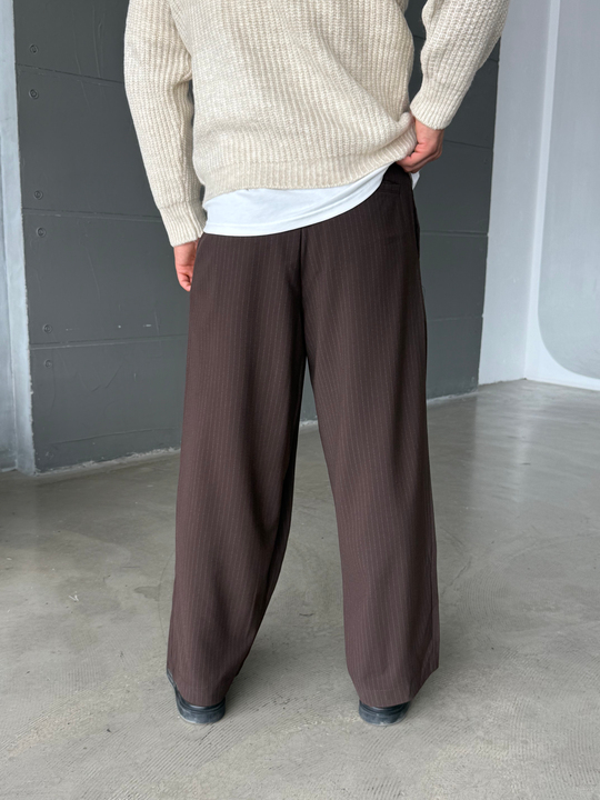 Kahve İnce Detay Çizgili Baggy Kumaş Pantalon SNZ 1471