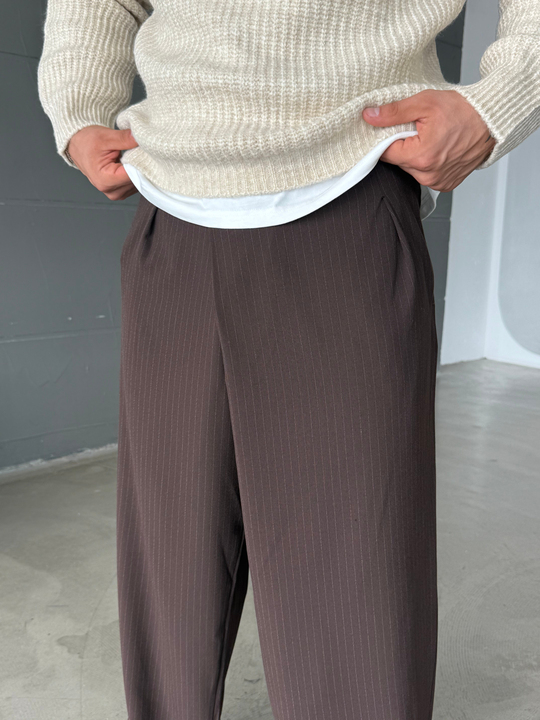 Kahve İnce Detay Çizgili Baggy Kumaş Pantalon SNZ 1471