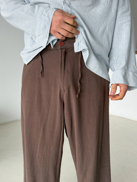 Kahve Keten Baggy Yarı Lastikli Pantalon PNC 4060
