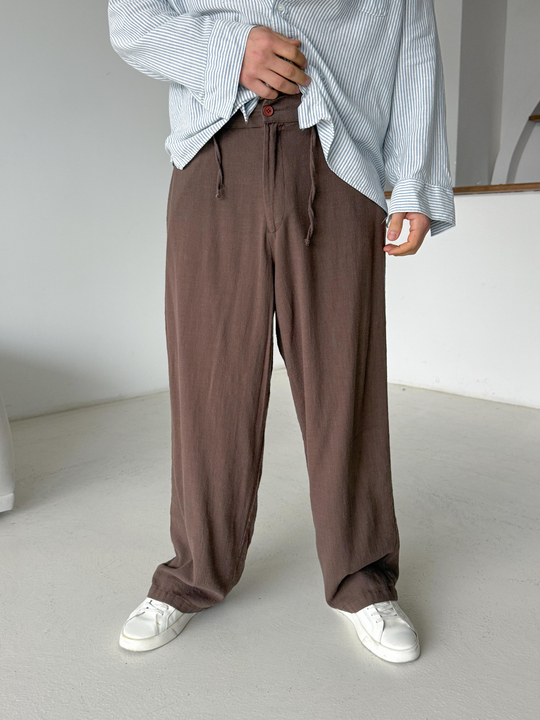 Kahve Keten Baggy Yarı Lastikli Pantalon PNC 4060