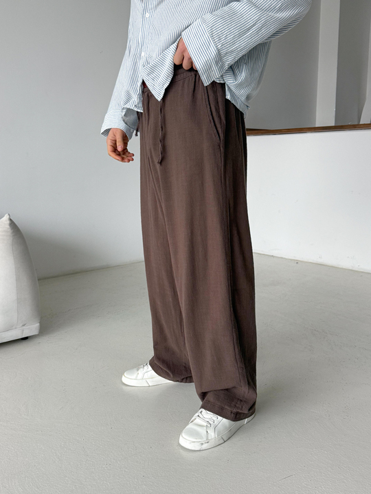 Kahve Keten Baggy Yarı Lastikli Pantalon PNC 4060