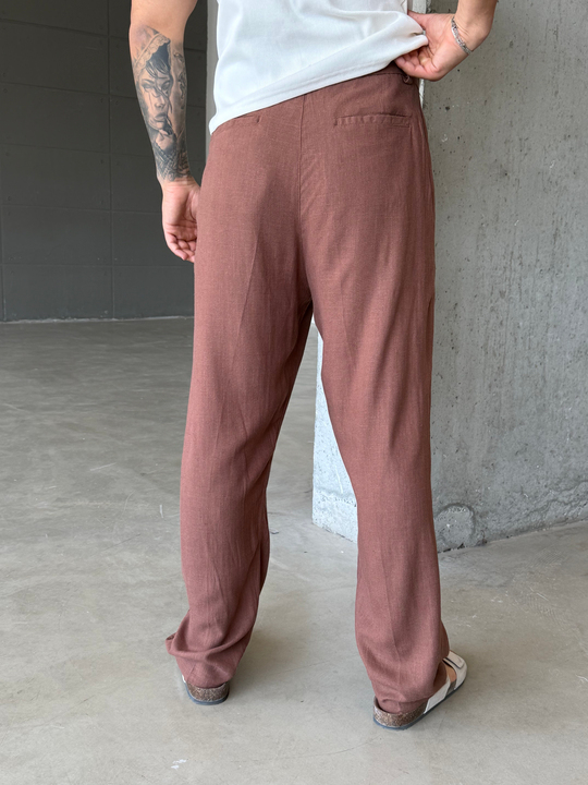 Kahve Keten Kemer Detaylı Baggy Pantalon SNZ 4609