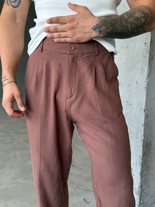 Kahve Keten Kemer Detaylı Baggy Pantalon SNZ 4609