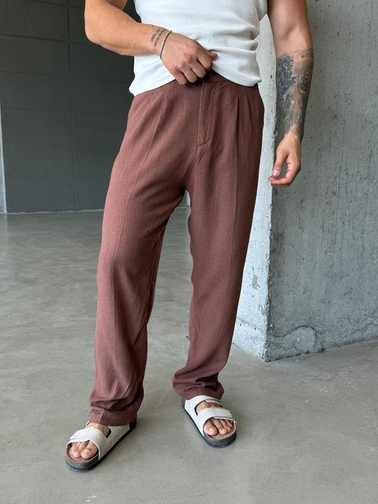 Kahve Keten Kemer Detaylı Baggy Pantalon SNZ 4609