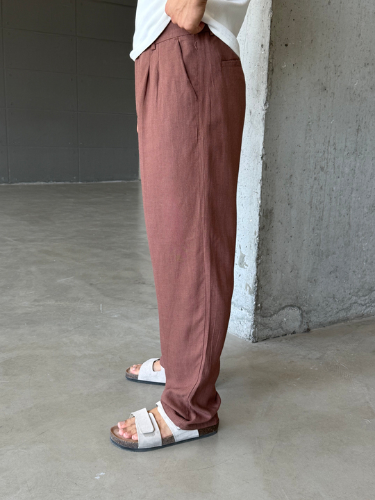 Kahve Keten Kemer Detaylı Baggy Pantalon SNZ 4609