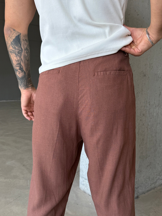 Kahve Keten Kemer Detaylı Baggy Pantalon SNZ 4609