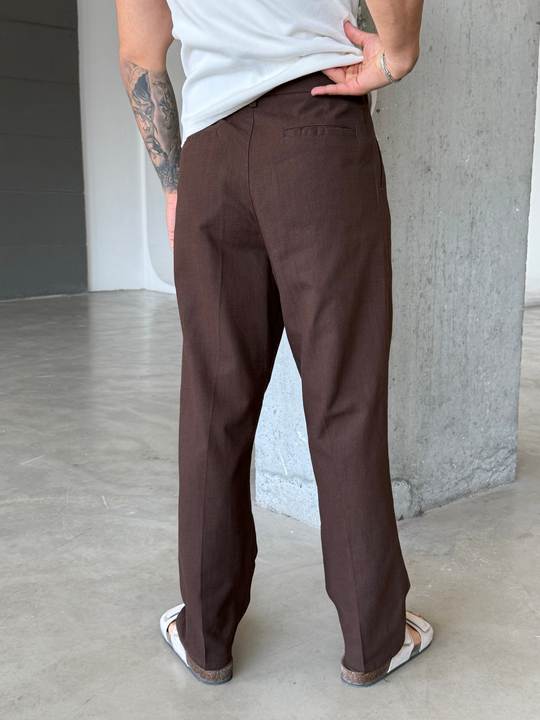 Kahve Keten Kemerli Regular Fit SNZ Pantalon 3937