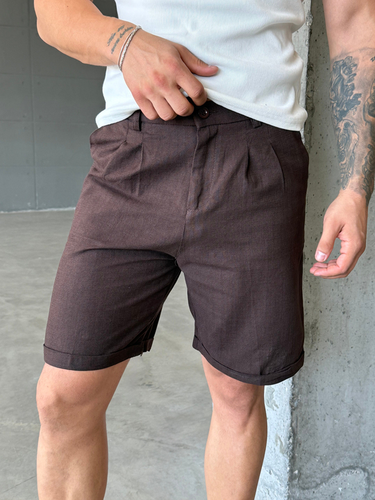 Kahve Keten Kemerli Regular Fit Şort SNZ 3977