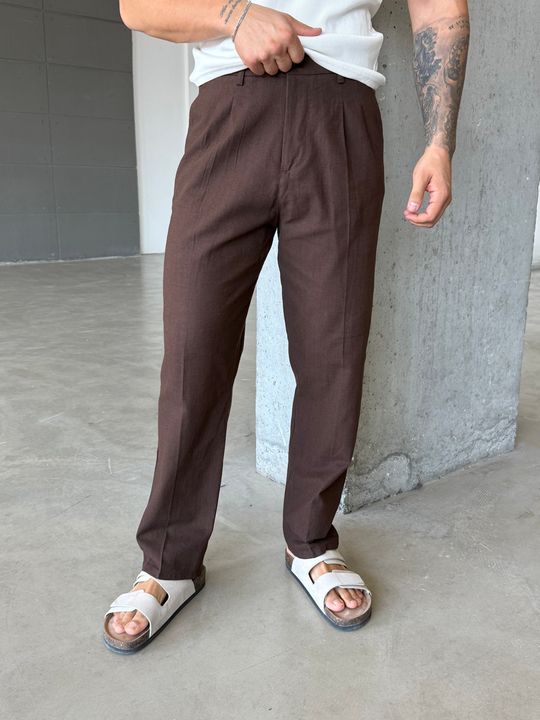 Kahve Keten Kemerli Regular Fit SNZ Pantalon 3937