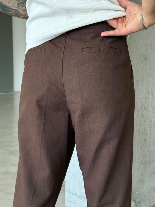 Kahve Keten Kemerli Regular Fit SNZ Pantalon 3937