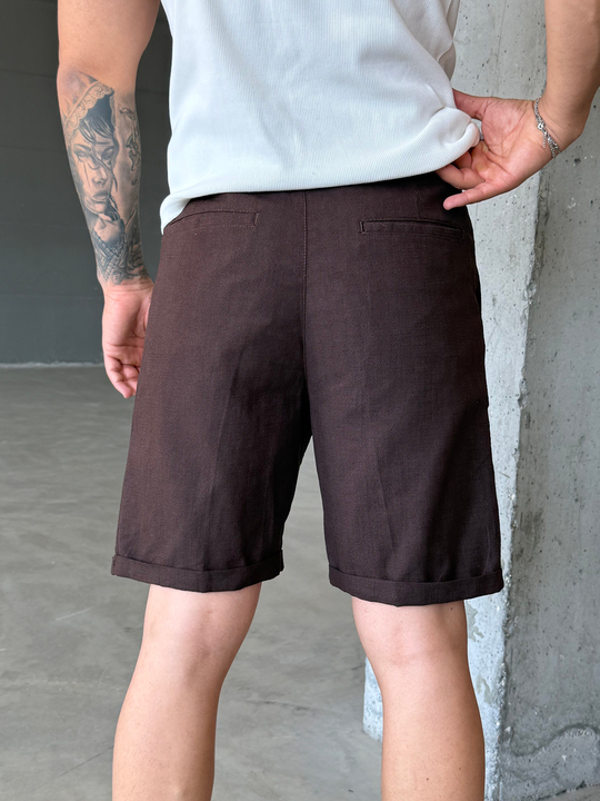 Kahve Keten Kemerli Regular Fit Şort SNZ 3977
