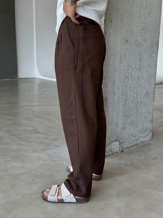 Kahve Keten Kemerli Regular Fit SNZ Pantalon 3937